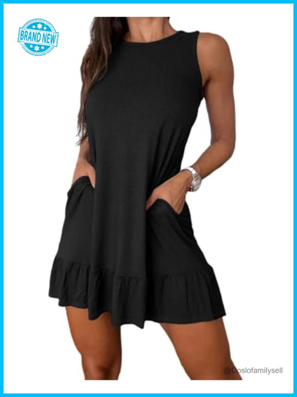 Womens A-Line Mini Dress Sleeveless Ruffle Hem Side Pockets Viscose Blend